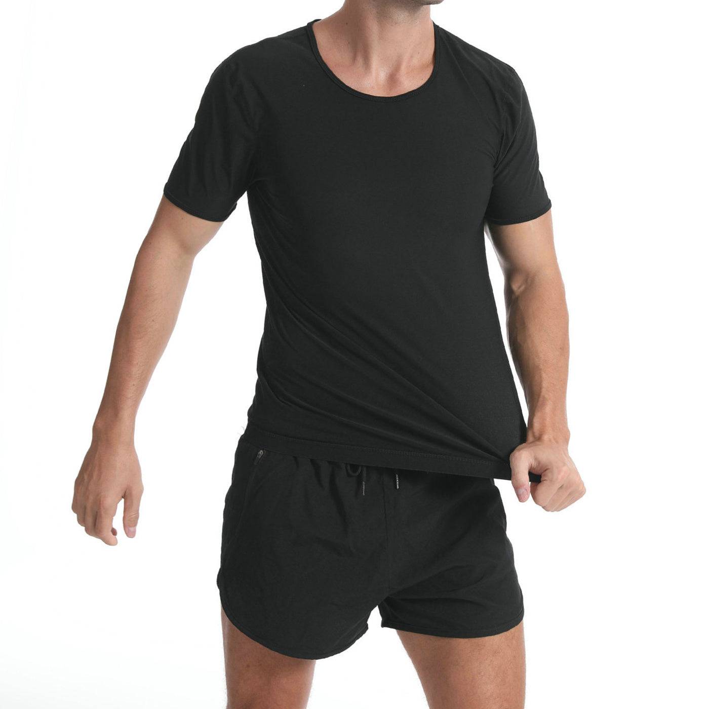 Men's black short sleeve polyester sweatshirt outfit.