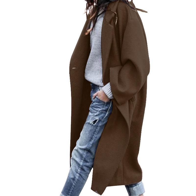 Casual Long Jacket With Pockets Solid Color Single Breasted Lapel Woolen Coat For Women Warm Winter Clothing - Fashion-booth