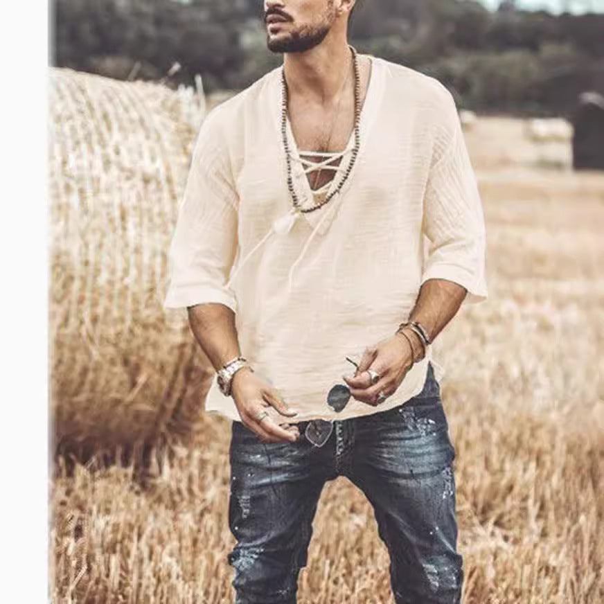 Lace Up Corn Mid Sleeved T-shirt - Fashion-booth