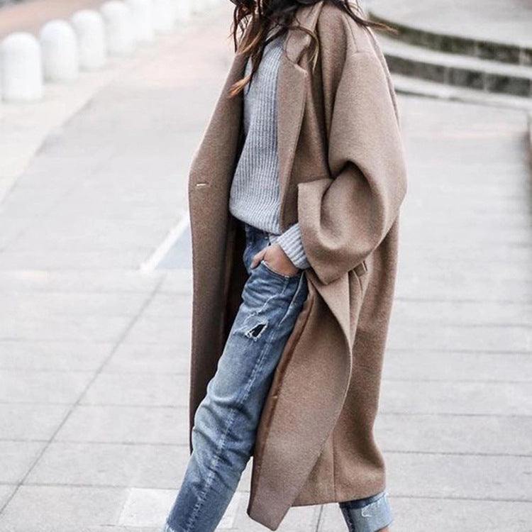 Casual Long Jacket With Pockets Solid Color Single Breasted Lapel Woolen Coat For Women Warm Winter Clothing - Fashion-booth