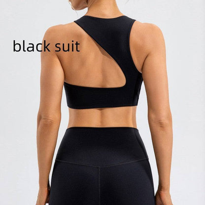 Black shockproof yoga push-up sports bra with fixed double-shoulder straps, nylon fabric.