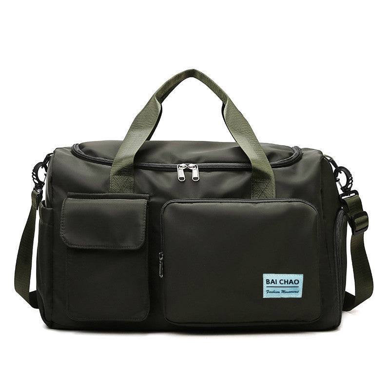 Large-capacity water-repellent short-distance travel bag with multiple pockets and soft handles.