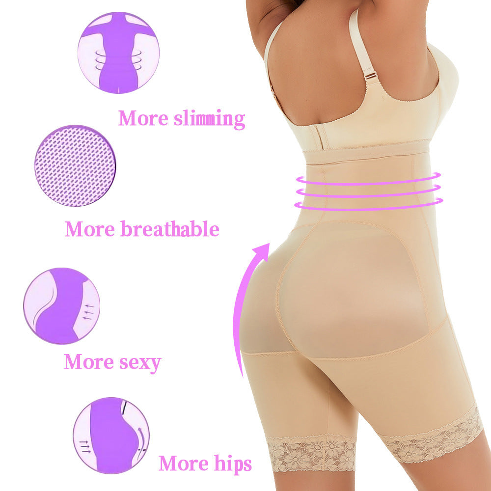 Breasted high waist breathable lace edge butt-lift underwear in skin color, showing hip lifting and slimming effects.