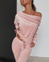 Autumn plush two-piece off the shoulder outfit in stretch twill fabric, pink color.