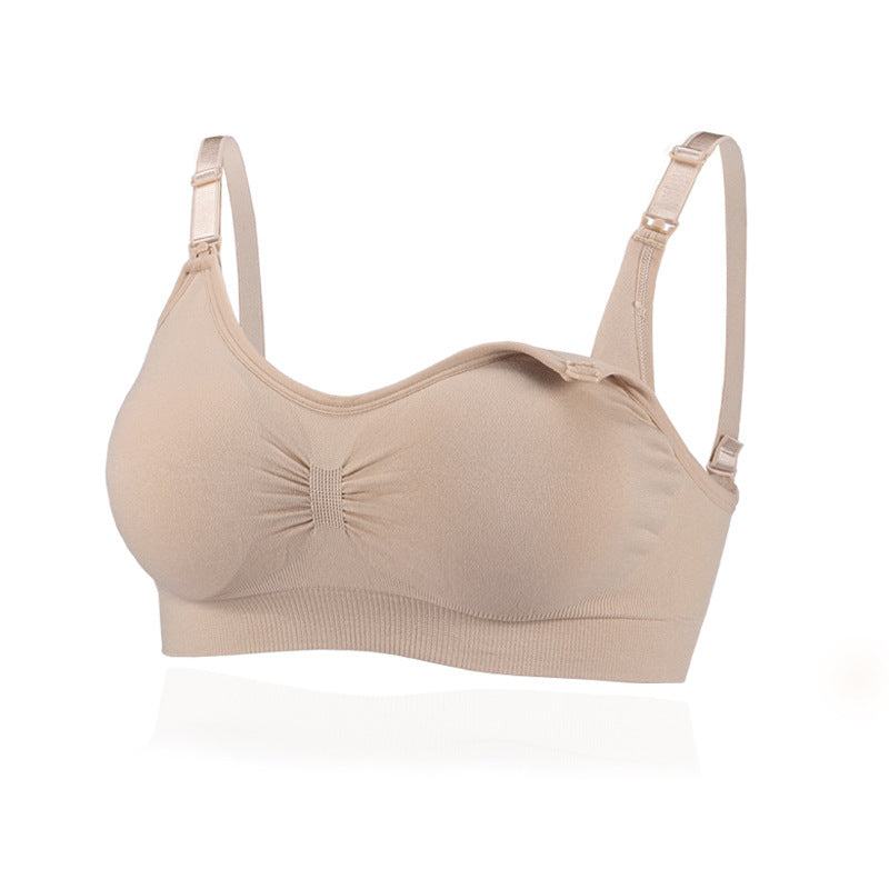 Unwired push up nursing bra for pregnant women in beige color, seamless design.