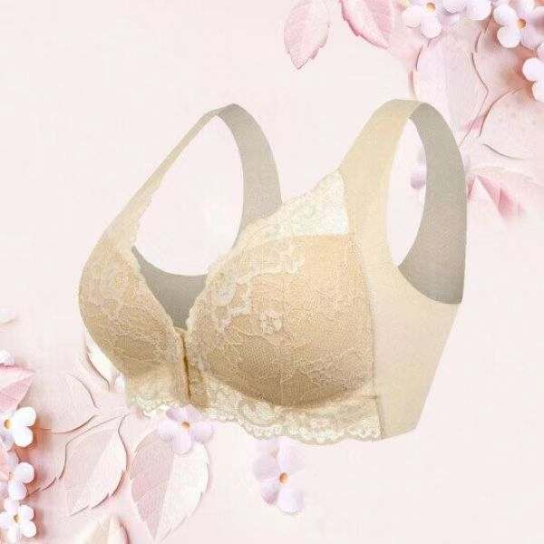 Plus size breathable lace push-up bra with fixed double-shoulder straps and seamless design.