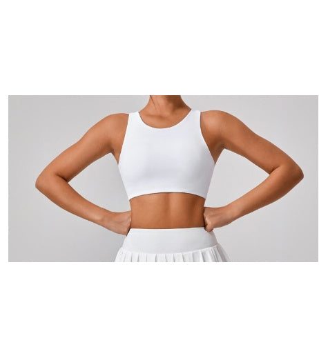 Shockproof yoga push up sports bra in white, nylon fabric, fixed double-shoulder straps.