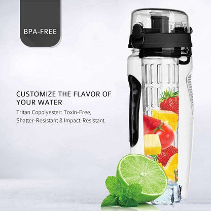 1000ml BPA Free plastic fruit infuser water bottle with Tritan copolyester, toxin-free and impact-resistant.