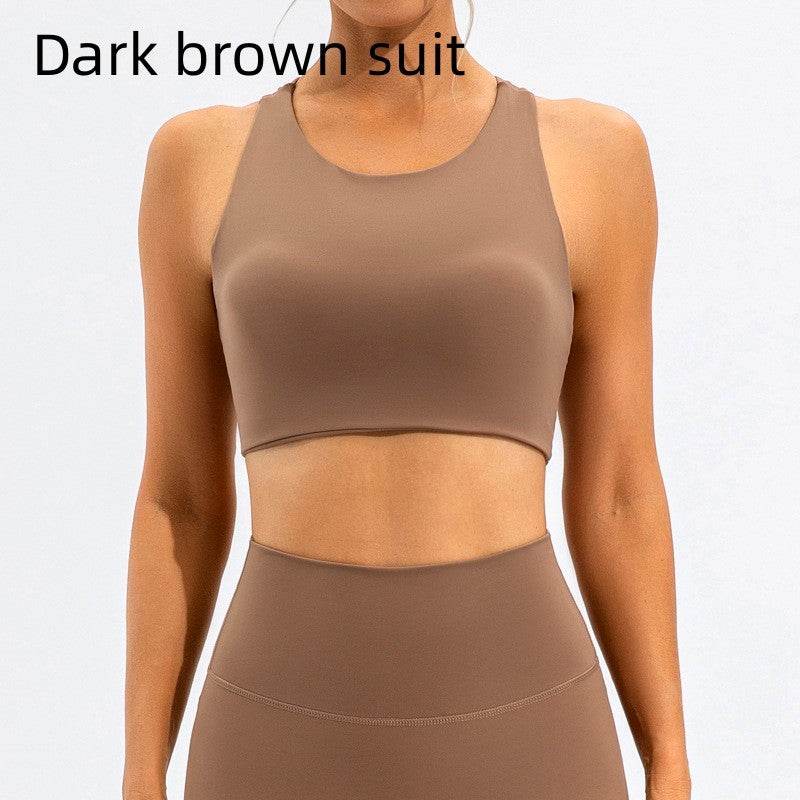 Dark brown shockproof yoga push-up sports bra with fixed double-shoulder straps, nylon fabric.