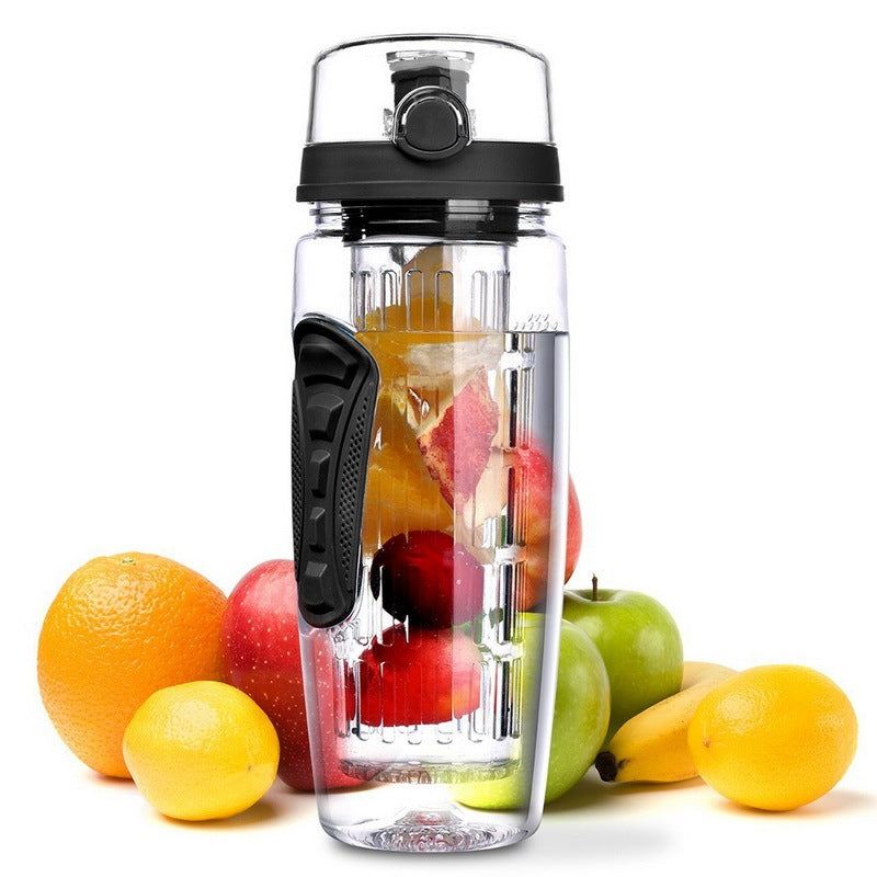 1000ml BPA free water fruit bottle with infuser, surrounded by fresh fruits, designed for sports and travel.