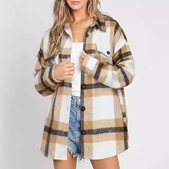 Women's Plaid Buckle Jacket Casual Fashion Long Sleeve Coat - Fashion-booth