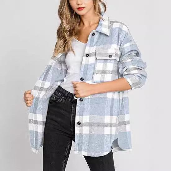 Women's Plaid Buckle Jacket Casual Fashion Long Sleeve Coat - Fashion-booth