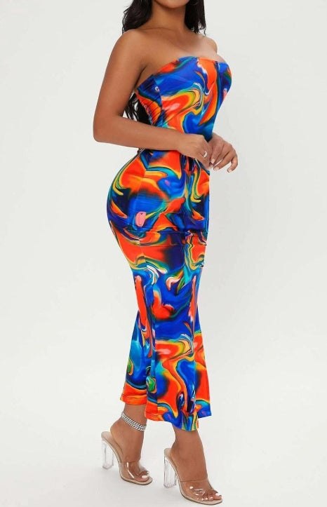 Ladies' Printed Strapless Side Slit Slim Fit Dress With Slimming Effect And Hip Hugging Design - Fashion-booth