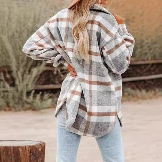 Women's Plaid Buckle Jacket Casual Fashion Long Sleeve Coat - Fashion-booth