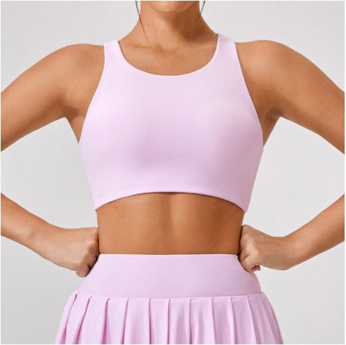 Shockproof yoga push up sports bra in light pink color, nylon fabric, fixed double-shoulder strap design.