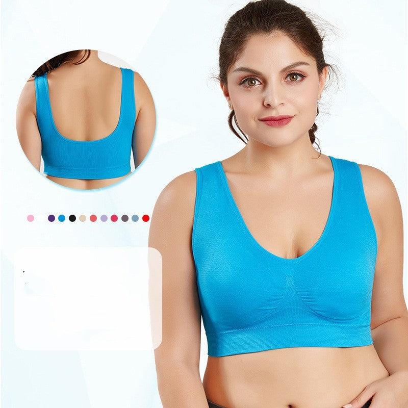 Plus size seamless bra for women in blue, available in 5XL and 6XL, suitable for yoga and fitness.