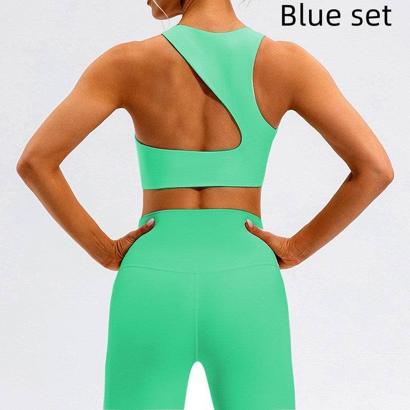 Shockproof yoga push-up sports bra in cyan with fixed double-shoulder straps.