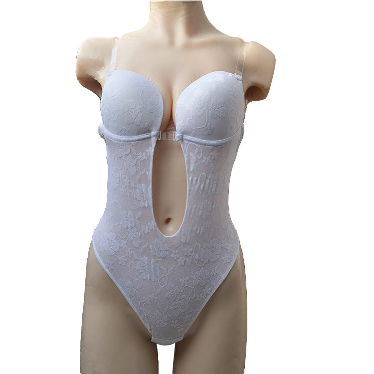 U-shaped invisible bra for backless dresses with adjustable transparent straps.