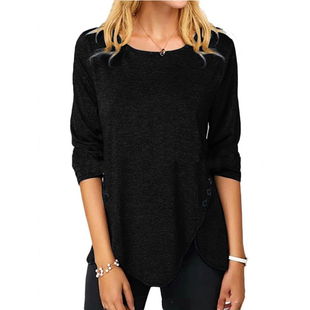 Irregular Button Hem Long Sleeved Round Neck Oversized T-shirt in Cotton.