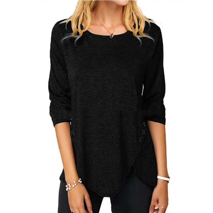 Irregular Button Hem Long Sleeved Round Neck Oversized T-shirt in Cotton.