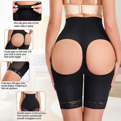 Body shaping butt-lift underwear with hollow design, black color, features high waist and hip lift.