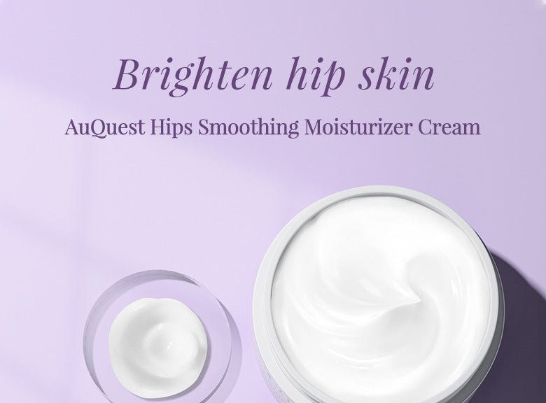 Butt lift cream jar on purple background promoting hip smoothing moisturizer.