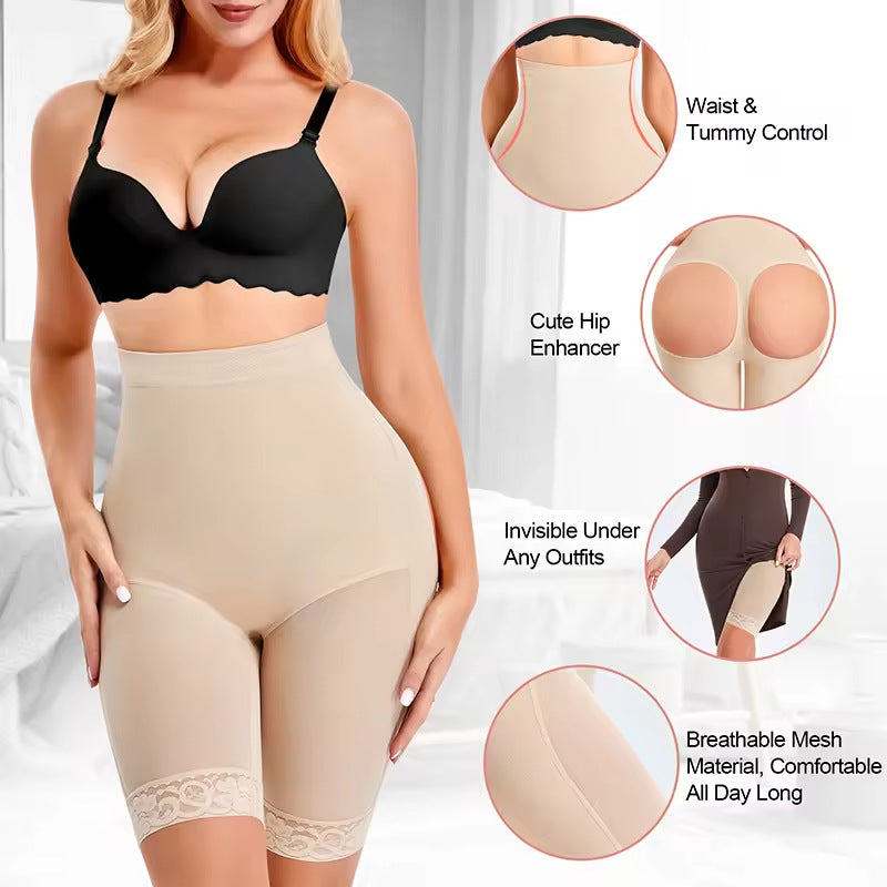 Body shaping butt-lift underwear with hollow design, skin color, waist and tummy control.