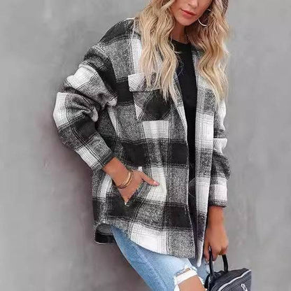 Women's Plaid Buckle Jacket Casual Fashion Long Sleeve Coat - Fashion-booth