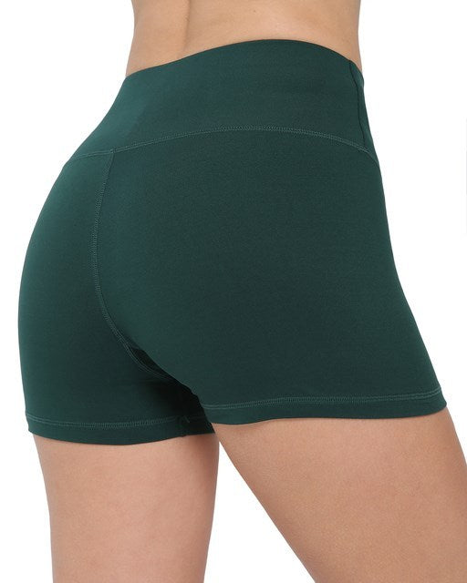 Women seamless biker short pants in dark green, side view showcasing high waist and nylon material.