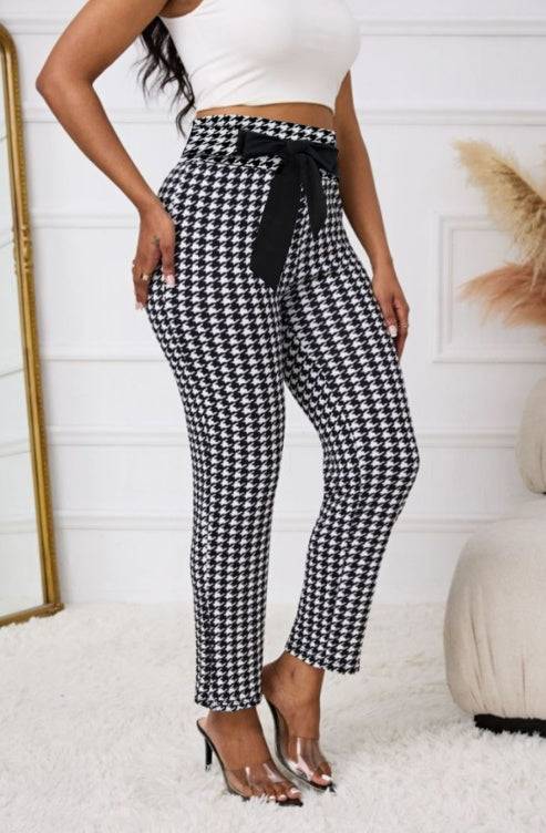 Ladies' Thousand Bird Grid Bow Fashion Casual Pants - Fashion-booth
