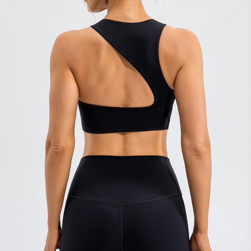 Black Shockproof Yoga Push Up Sports Bra with fixed double-shoulder straps, back view.