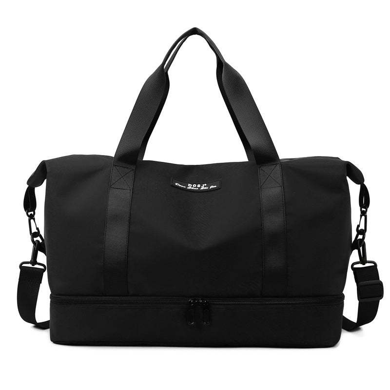 Portable sports gym fitness bag with shoes compartment, waterproof Oxford cloth, solid color.