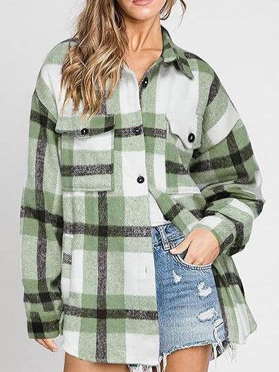 Women's Plaid Buckle Jacket Casual Fashion Long Sleeve Coat - Fashion-booth
