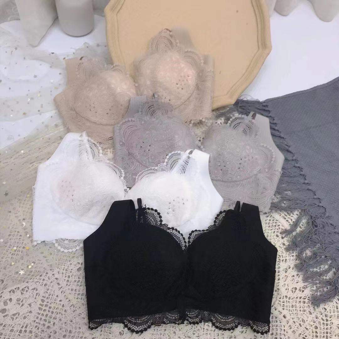 Lace Gathered Bras in black, cream gray, elegant white, and light coffee color, non-wire and adjustable for comfort and breastfeeding.