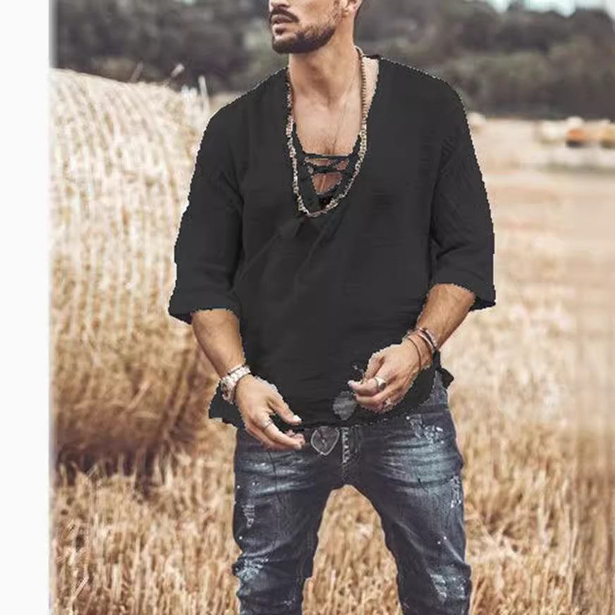 Lace Up Corn Mid Sleeved T-shirt - Fashion-booth