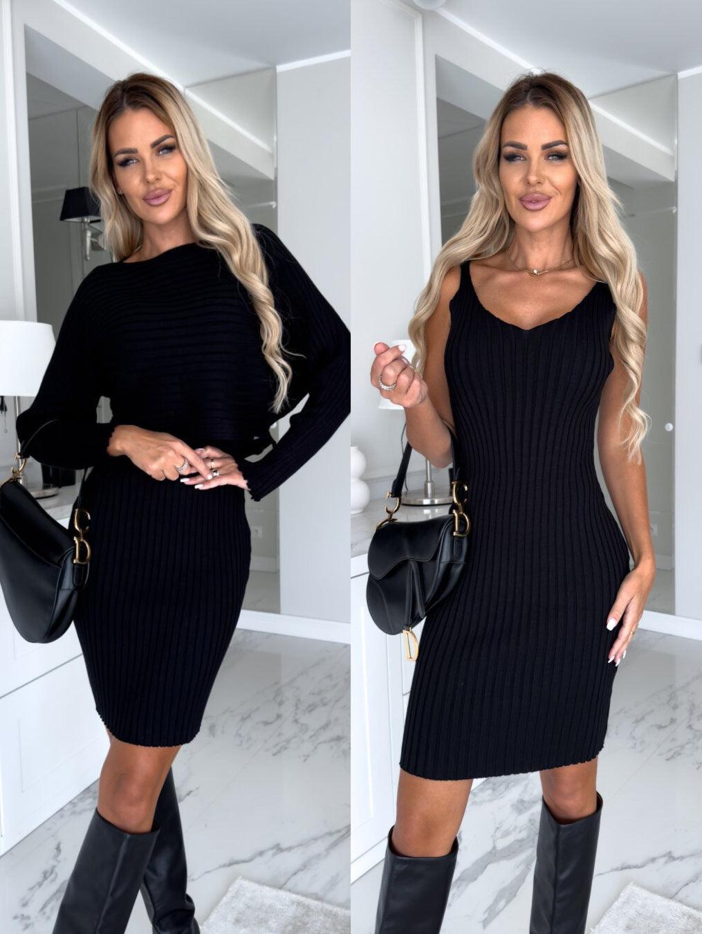 2pcs Suit Women's Solid Stripe Long-sleeved Top And Tight Suspender Skirt Fashion Autumn Winter Slim Clothing - Fashion-booth
