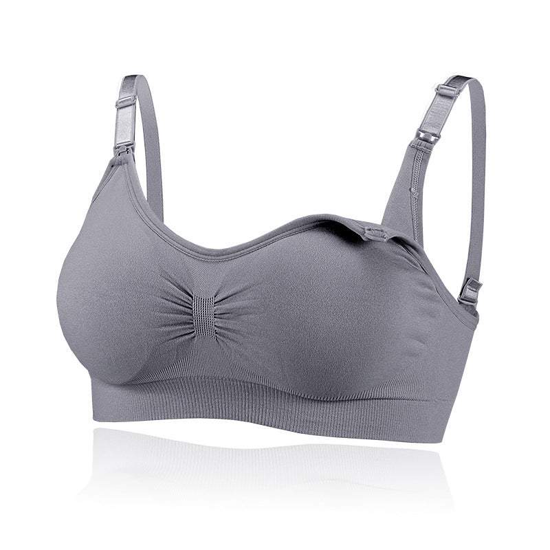 Gray unwired push up nursing bra for pregnant women, seamless design.