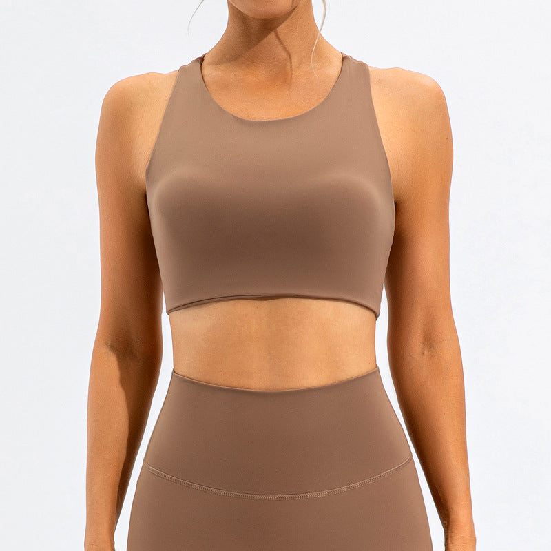 Shockproof yoga push up sports bra in dark brown with double-shoulder strap, nylon fabric.