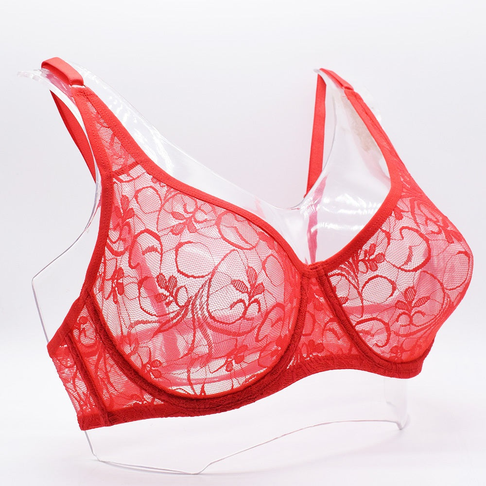 Plus size lace underwired bra in red with hollow out design for women.