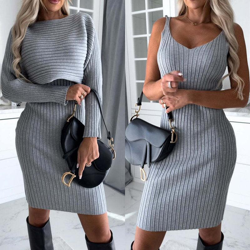 2pcs Suit Women's Solid Stripe Long-sleeved Top And Tight Suspender Skirt Fashion Autumn Winter Slim Clothing - Fashion-booth