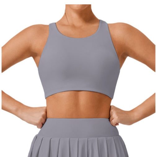 Shockproof Yoga Push Up Sports Bra in grey, fixed double-shoulder strap, nylon fabric.