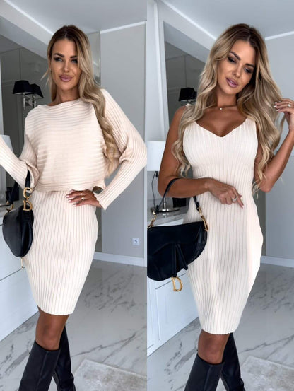 2pcs Suit Women's Solid Stripe Long-sleeved Top And Tight Suspender Skirt Fashion Autumn Winter Slim Clothing - Fashion-booth
