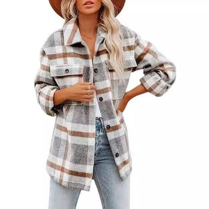 Women's Plaid Buckle Jacket Casual Fashion Long Sleeve Coat - Fashion-booth