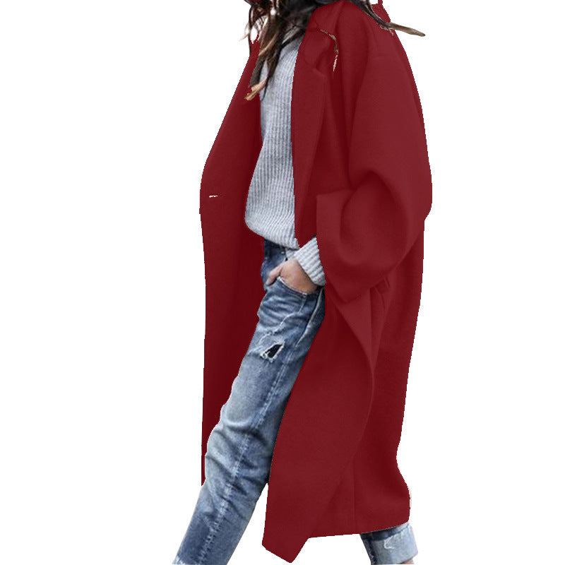 Casual Long Jacket With Pockets Solid Color Single Breasted Lapel Woolen Coat For Women Warm Winter Clothing - Fashion-booth