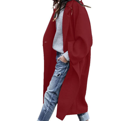 Casual Long Jacket With Pockets Solid Color Single Breasted Lapel Woolen Coat For Women Warm Winter Clothing - Fashion-booth