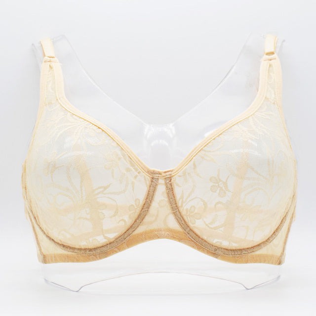 Plus size lace underwired bra for women in nude, featuring hollow design with fixed straps.