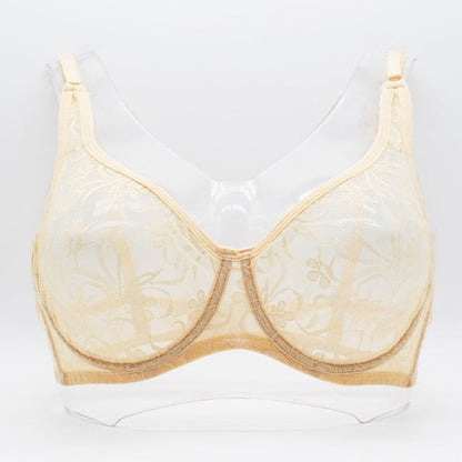 Plus size lace underwired bra for women in nude, featuring hollow design with fixed straps.