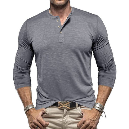 Men's Long-sleeved Henry Collar T-shirt - Fashion-booth