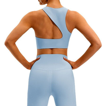 Sky blue shockproof yoga push up sports bra with fixed double-shoulder strap, nylon fabric, rear view.