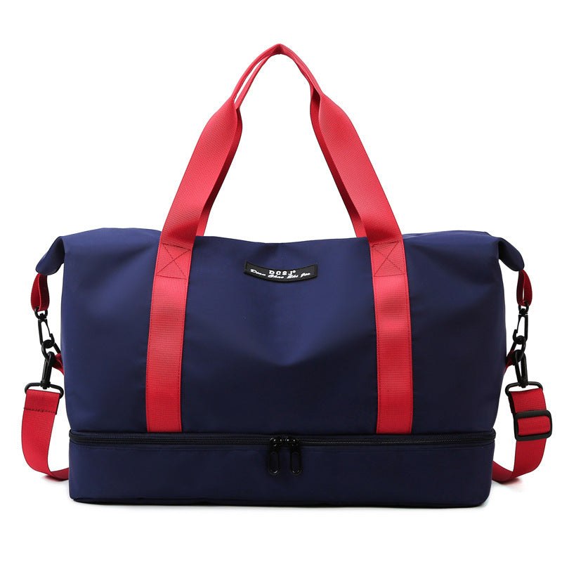 Shoes Compartment Portable Sports Gym Fitness Waterproof Bag in navy and red straps.